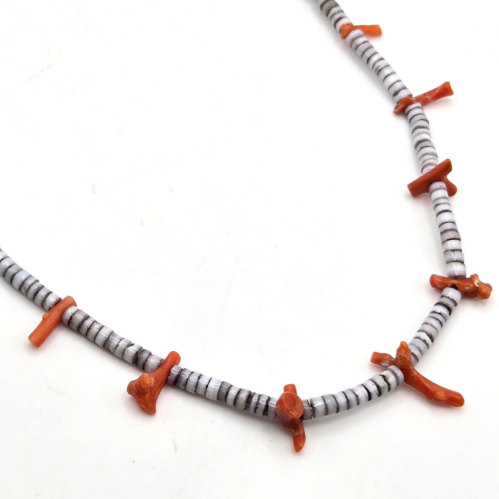 Vintage 70s Shell Heishi Bead and Natural Orange Branch Coral Necklace 16 Inch